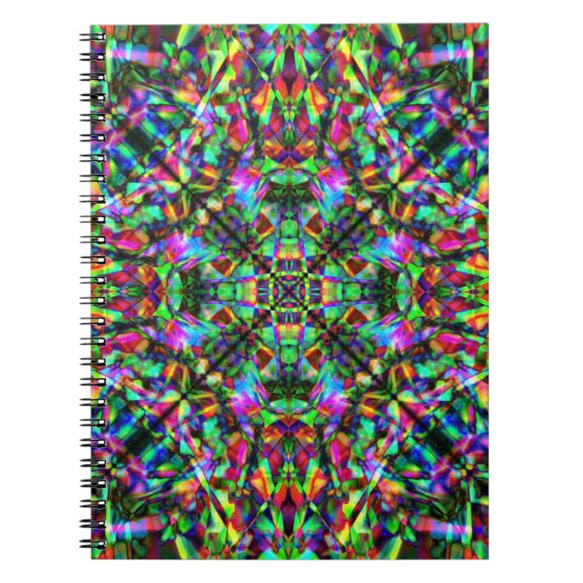Caderno Espiral Verde e teste padrão da mandala do arco-íris (Frente)