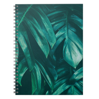 Caderno Espiral Verde escuro, folhagem tropical da selva.