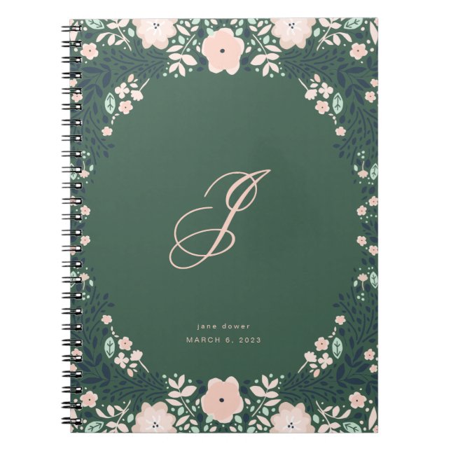 Caderno Espiral Verde Esmeralda Macio Monograma Floral Pessoal Per (Frente)
