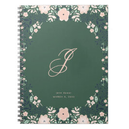 Caderno Espiral Verde Esmeralda Monograma Floral Macio Personaliza