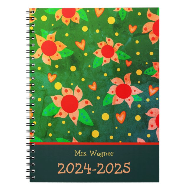Caderno Espiral Verde-Flores Retrorísticas Personalizadas do Profe (Frente)
