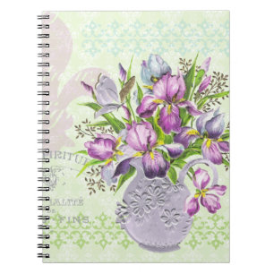 Caderno Espiral Verde lunático das flores roxas gastos do vintage