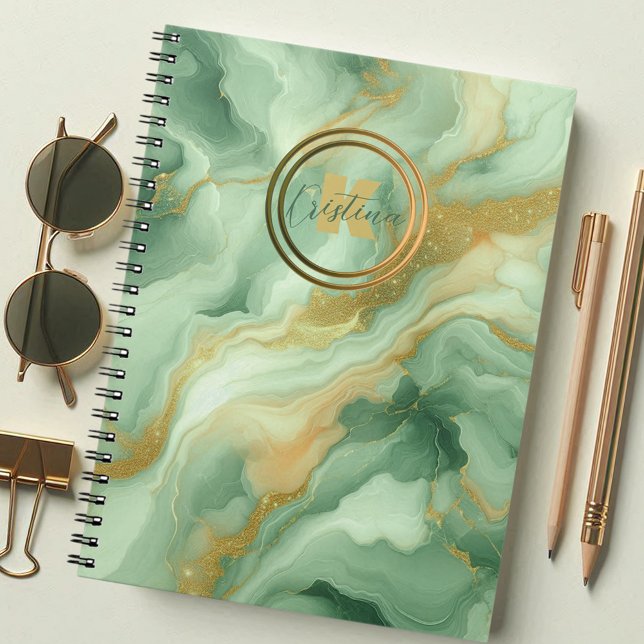 Caderno Espiral Verde Marble Dourado Brilhante Acentua Nome e Inic (Criador carregado)