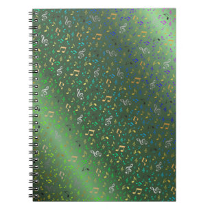 Caderno Espiral verde,Nota Musical+, luxo, ouro, real, elegante,