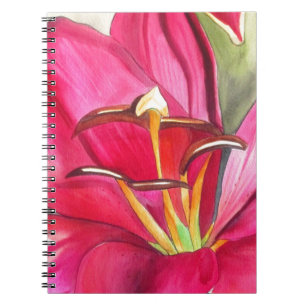 Caderno Espiral Vermelho Alerta Lily - pintura em flor de aquarela