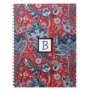Caderno Espiral Vermelho Branco & Azul Floral Paisley Boêmio Boho