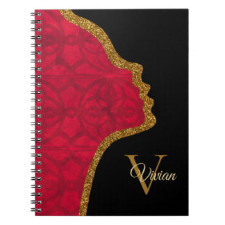 Caderno Espiral Vermelho Escarlate Preto E Dourado Rosto Brilhante