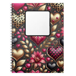 CADERNO ESPIRAL VERMELHO PINK PRETO, CORAÇÃO DOURADA DO AMOR DO NA