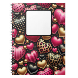 CADERNO ESPIRAL VERMELHO PINK PRETO, CORAÇÃO DOURADA DO AMOR DO NA