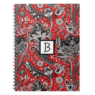 Caderno Espiral Vermelho Preto e Branco Floral Paisley Boêmio Boho