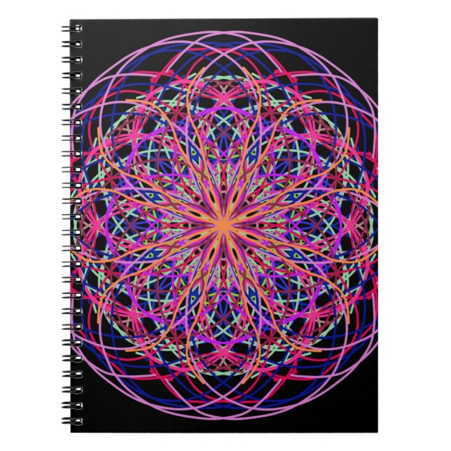 Caderno Espiral Vermelho rosa Negro Caleidoscópio Mandala Art (Frente)