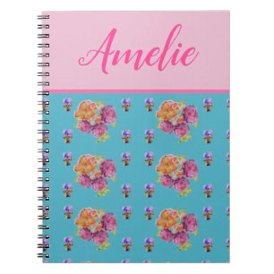 Caderno Espiral Vermelho Rosa Rosa Chique Teal Aqua Flor Floral