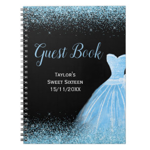 Caderno Espiral Vestido Azul Claro Brilho Falso Aniversário de 16 