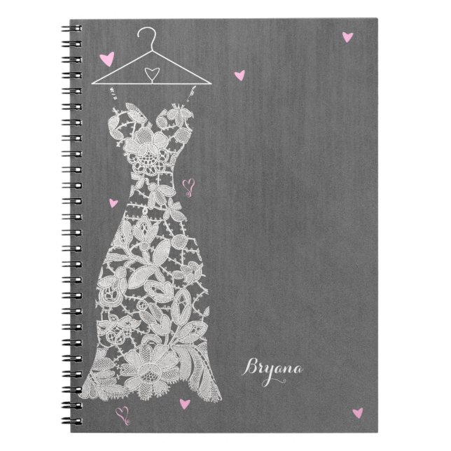 Caderno Espiral Vestido de Noiva com Renda Moderna Cinza Chic Chuv (Frente)