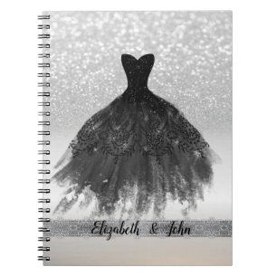Caderno Espiral Vestido Preto Elegante com Brilho Prateado Bokeh