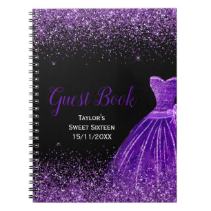 Caderno Espiral Vestido Roxo Escuro Brilho Falso Aniversário de 16