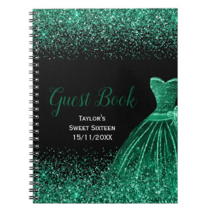 Caderno Espiral Vestido Verde Escuro Brilho Falso Aniversário de 1