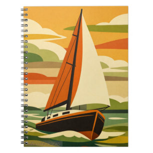 Caderno Espiral Viagem do Barco à Vela ao Pôr do Sol Retro