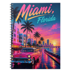 Caderno Espiral Viagem Miami Flórida Retro Neon Pôr do Sol