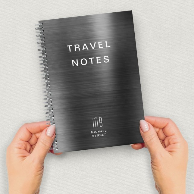 Caderno Espiral Viagem preto monograma elegante (Elegant Monogram Black Travel Notebook)
