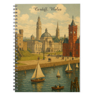 Caderno Espiral Viagens vintage Cardiff, País de Gales, Landmarks 