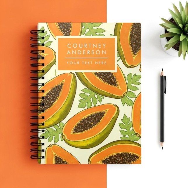 Caderno Espiral Vibrant Tropical Papaya Fruit and Leaf Pattern (Criador carregado)
