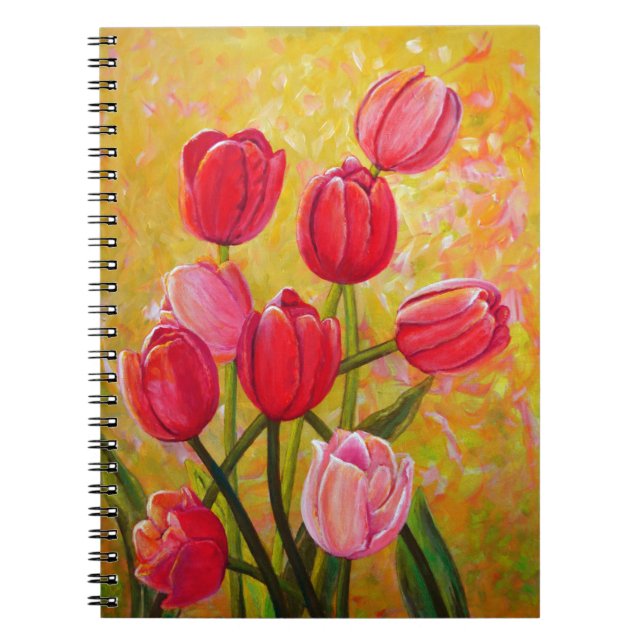 Caderno Espiral Vida estática com pintura de tulipas rosa e vermel (Frente)