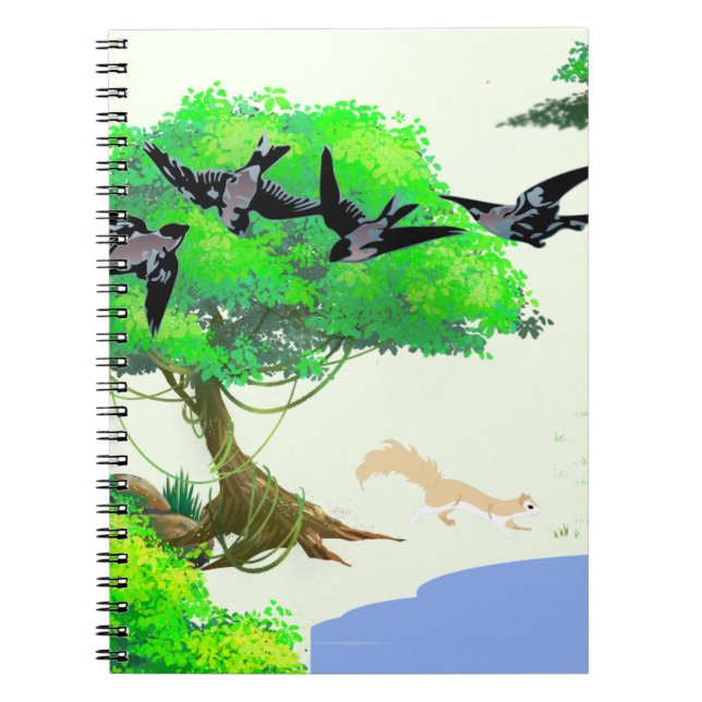 Caderno Espiral Vida na Floresta primavera com Aves e Esquilo - Na (Frente)