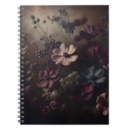 Caderno Espiral Vintage Anemone Flower Buquê Arte Botânica Escura