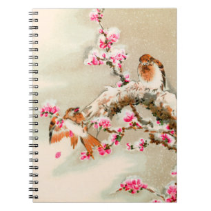 Caderno Espiral Vintage aves japonesas em um galho