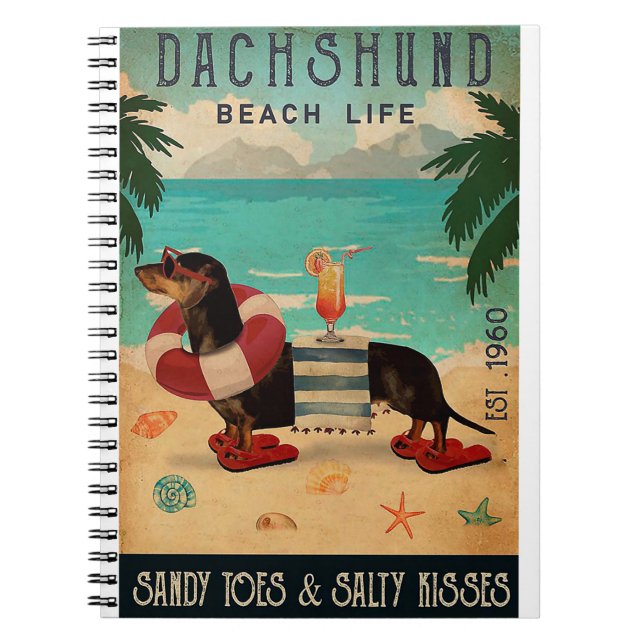 Caderno Espiral Vintage Beach Cocktail Life Dachshund (Frente)
