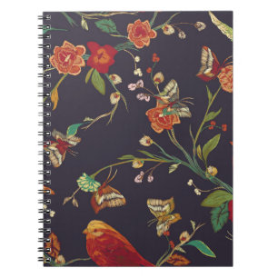 Caderno Espiral Vintage Bird, Butterfly, Embroidery Watercolor.