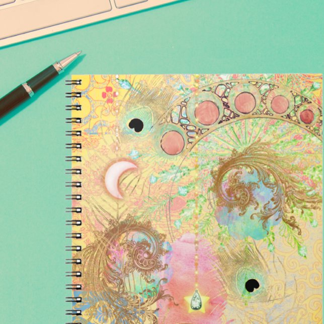 Caderno Espiral Vintage boêmia, arte hippie pastel única (Criador carregado)