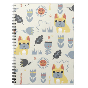 Caderno Espiral vintage, buldogue francês e planta escandinava