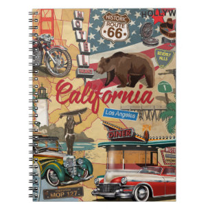 Caderno Espiral Vintage California poster com atrações turísticas
