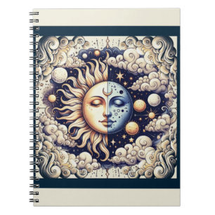Caderno Espiral Vintage Celestial Half Sun e Moon Blue Yellow