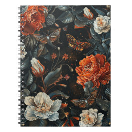 Caderno Espiral Vintage Dark Academia Laranja Floral & Mariposa