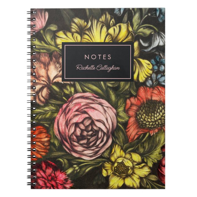 Caderno Espiral Vintage Escuro Negrito Florais Cor-de-rosa Esbranq (Frente)