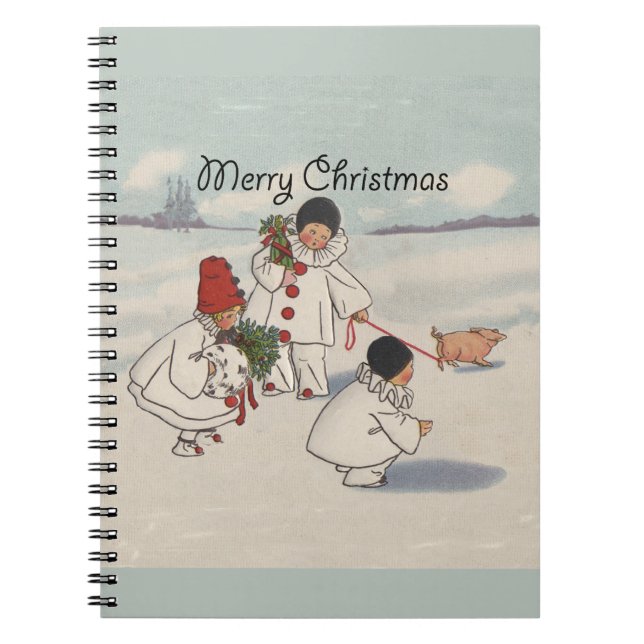 Caderno Espiral Vintage Feliz Natal Crianças de Neve (Frente)