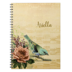 Caderno Espiral Vintage Floral Bird Dourado Music Nome Personaliza