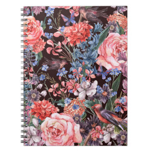 Caderno Espiral Vintage Floral Birds: Watercolor Elegance.