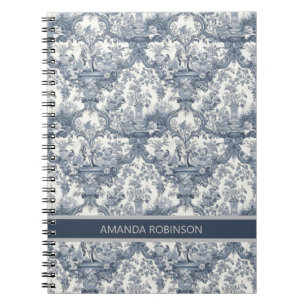 Caderno Espiral Vintage floral damask Blue toile de jouy monograma