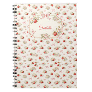 Caderno Espiral Vintage Floral de Morango Sem Costuras cottagecore