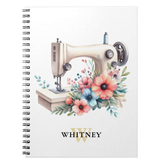Caderno Espiral Vintage Floral Sewing Machine Monogramada (Frente)