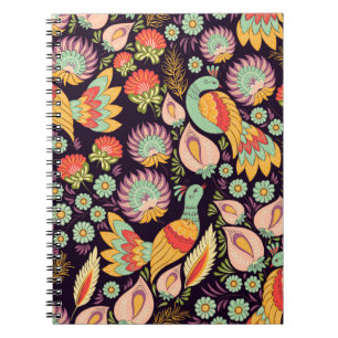 Caderno Espiral Vintage Folk Floral Birds Ornament