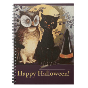 Caderno Espiral Vintage Halloween Black Cat & Owl Witat Hat