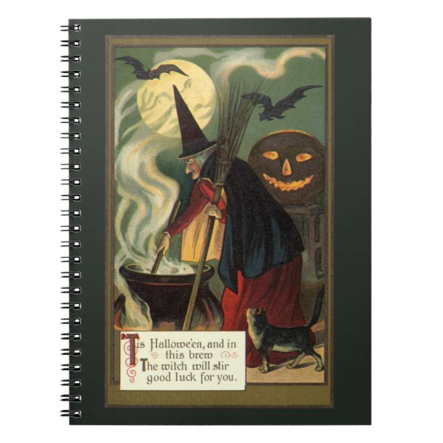 Caderno Espiral Vintage Halloween Bruxa Stirring Magic Cauldron (Frente)