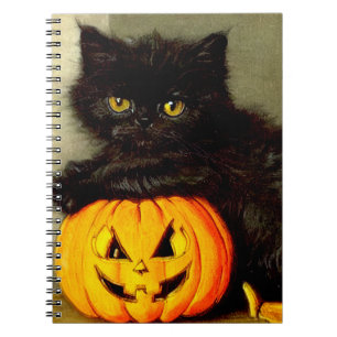 Caderno Espiral Vintage Halloween Cat e Jack-o'-lantern