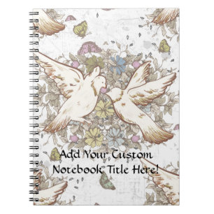 Caderno Espiral Vintage Love Birds, Dois Doves Brancos Floral