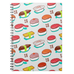 Caderno Espiral Vintage nigiri sushi, padrão de rabisco